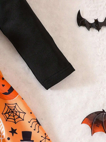 Girl's Lovely Halloween Pumpkin Print Dress Long Sleeve Tee Dress For Autumn Outfit, Kid Clothes Gift