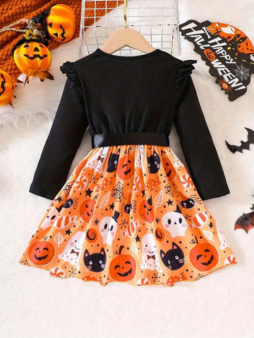 Girl's Lovely Halloween Pumpkin Print Dress Long Sleeve Tee Dress For Autumn Outfit, Kid Clothes Gift