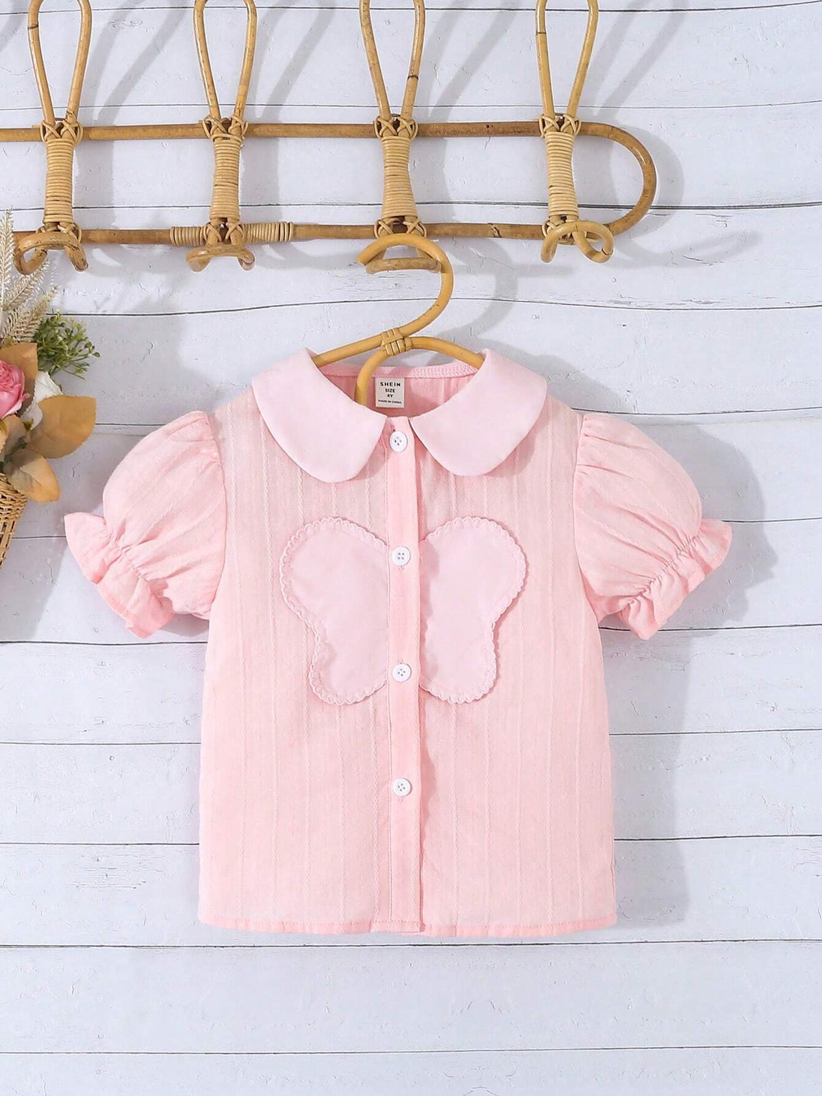 Girls' Lovely Pink Peter Pan Collar 3D Butterfly Blouse, Summer