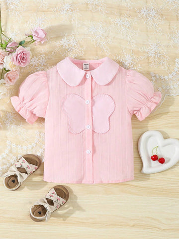 Girls' Lovely Pink Peter Pan Collar 3D Butterfly Blouse, Summer