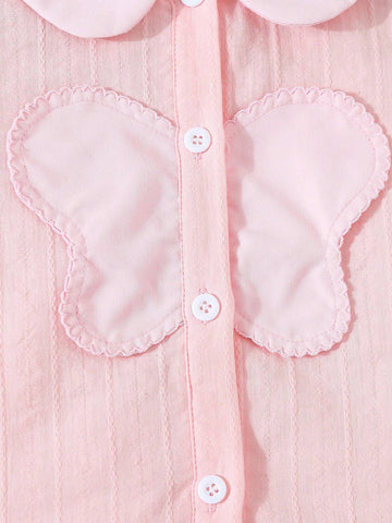Girls' Lovely Pink Peter Pan Collar 3D Butterfly Blouse, Summer