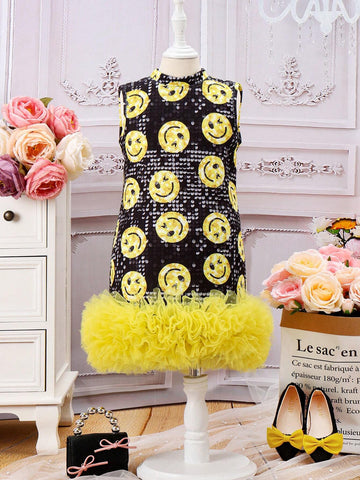 Girls' Lovely Sequin Face Design Lace Hem Casual Comfortable Vacation Dress