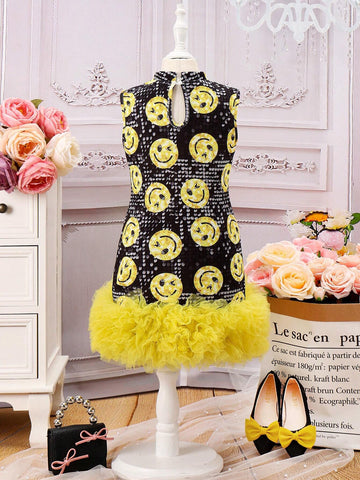 Girls' Lovely Sequin Face Design Lace Hem Casual Comfortable Vacation Dress