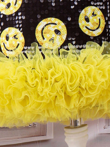 Girls' Lovely Sequin Face Design Lace Hem Casual Comfortable Vacation Dress