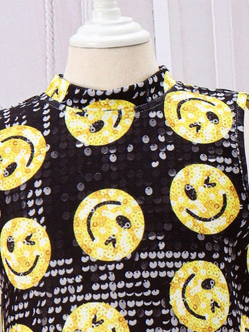 Girls' Lovely Sequin Face Design Lace Hem Casual Comfortable Vacation Dress