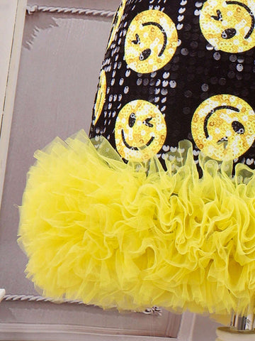 Girls' Lovely Sequin Face Design Lace Hem Casual Comfortable Vacation Dress