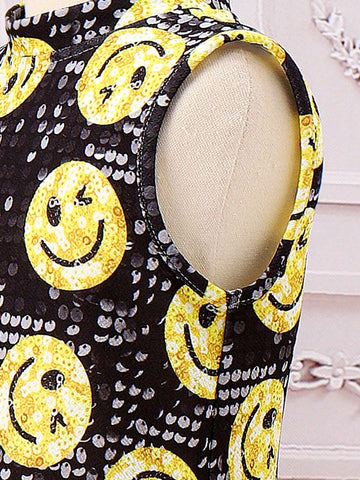 Girls' Lovely Sequin Face Design Lace Hem Casual Comfortable Vacation Dress