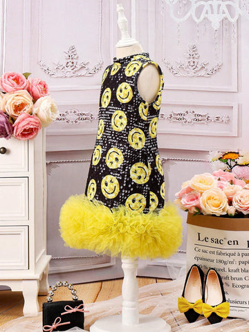 Girls' Lovely Sequin Face Design Lace Hem Casual Comfortable Vacation Dress