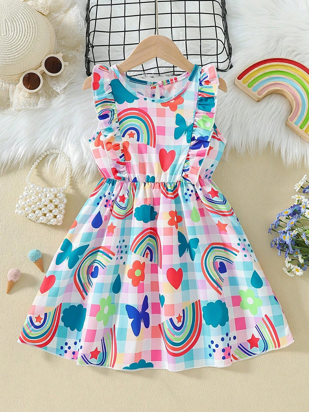 Girls' Lovely Style Checked Print Heart, Rainbow & Butterfly Patterned Halter Neck Decorated Sleeveless Dress With Ruffle Hem, Suitable For Vacation Parties In Summer