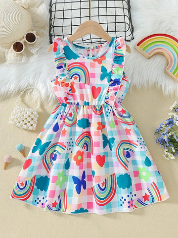 Girls' Lovely Style Checked Print Heart, Rainbow & Butterfly Patterned Halter Neck Decorated Sleeveless Dress With Ruffle Hem, Suitable For Vacation Parties In Summer