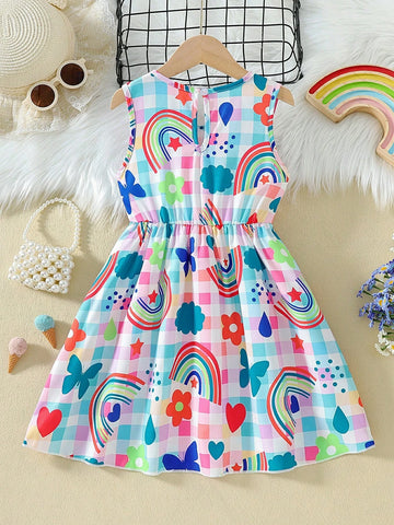 Girls' Lovely Style Checked Print Heart, Rainbow & Butterfly Patterned Halter Neck Decorated Sleeveless Dress With Ruffle Hem, Suitable For Vacation Parties In Summer