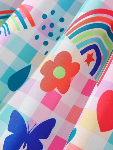 Girls' Lovely Style Checked Print Heart, Rainbow & Butterfly Patterned Halter Neck Decorated Sleeveless Dress With Ruffle Hem, Suitable For Vacation Parties In Summer