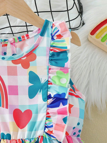 Girls' Lovely Style Checked Print Heart, Rainbow & Butterfly Patterned Halter Neck Decorated Sleeveless Dress With Ruffle Hem, Suitable For Vacation Parties In Summer