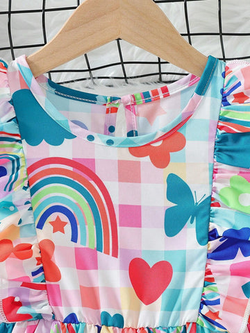 Girls' Lovely Style Checked Print Heart, Rainbow & Butterfly Patterned Halter Neck Decorated Sleeveless Dress With Ruffle Hem, Suitable For Vacation Parties In Summer