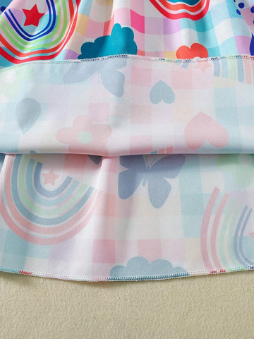 Girls' Lovely Style Checked Print Heart, Rainbow & Butterfly Patterned Halter Neck Decorated Sleeveless Dress With Ruffle Hem, Suitable For Vacation Parties In Summer