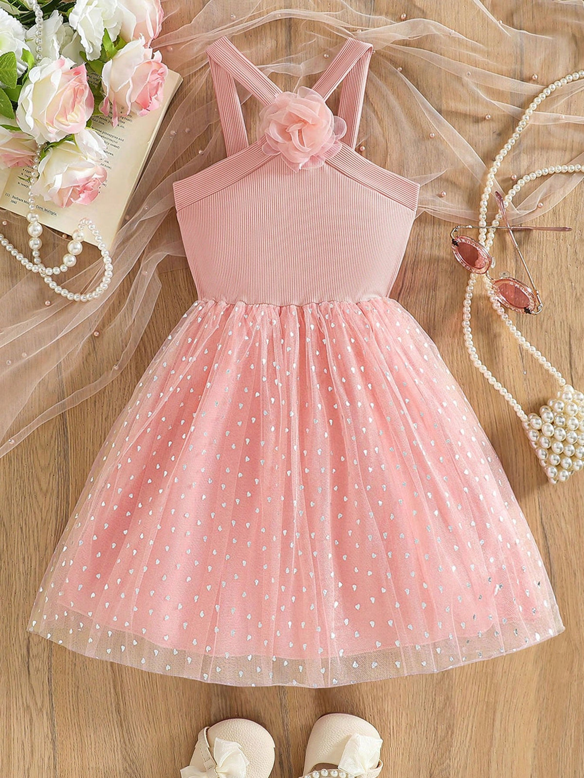 Girls Lovely Sweet 3D Floral Criss-Cross Crop Top & Heart Print Mesh Hem Dress