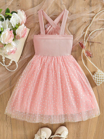 Girls Lovely Sweet 3D Floral Criss-Cross Crop Top & Heart Print Mesh Hem Dress