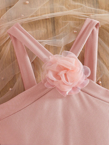 Girls Lovely Sweet 3D Floral Criss-Cross Crop Top & Heart Print Mesh Hem Dress