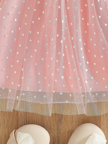 Girls Lovely Sweet 3D Floral Criss-Cross Crop Top & Heart Print Mesh Hem Dress