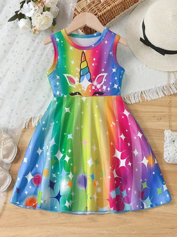 Girls Magical Unicorn Print Sundresses, Vibrant Colorful Sleeveless Dresses