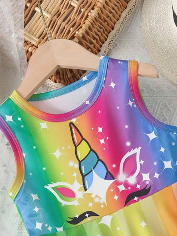 Girls Magical Unicorn Print Sundresses, Vibrant Colorful Sleeveless Dresses