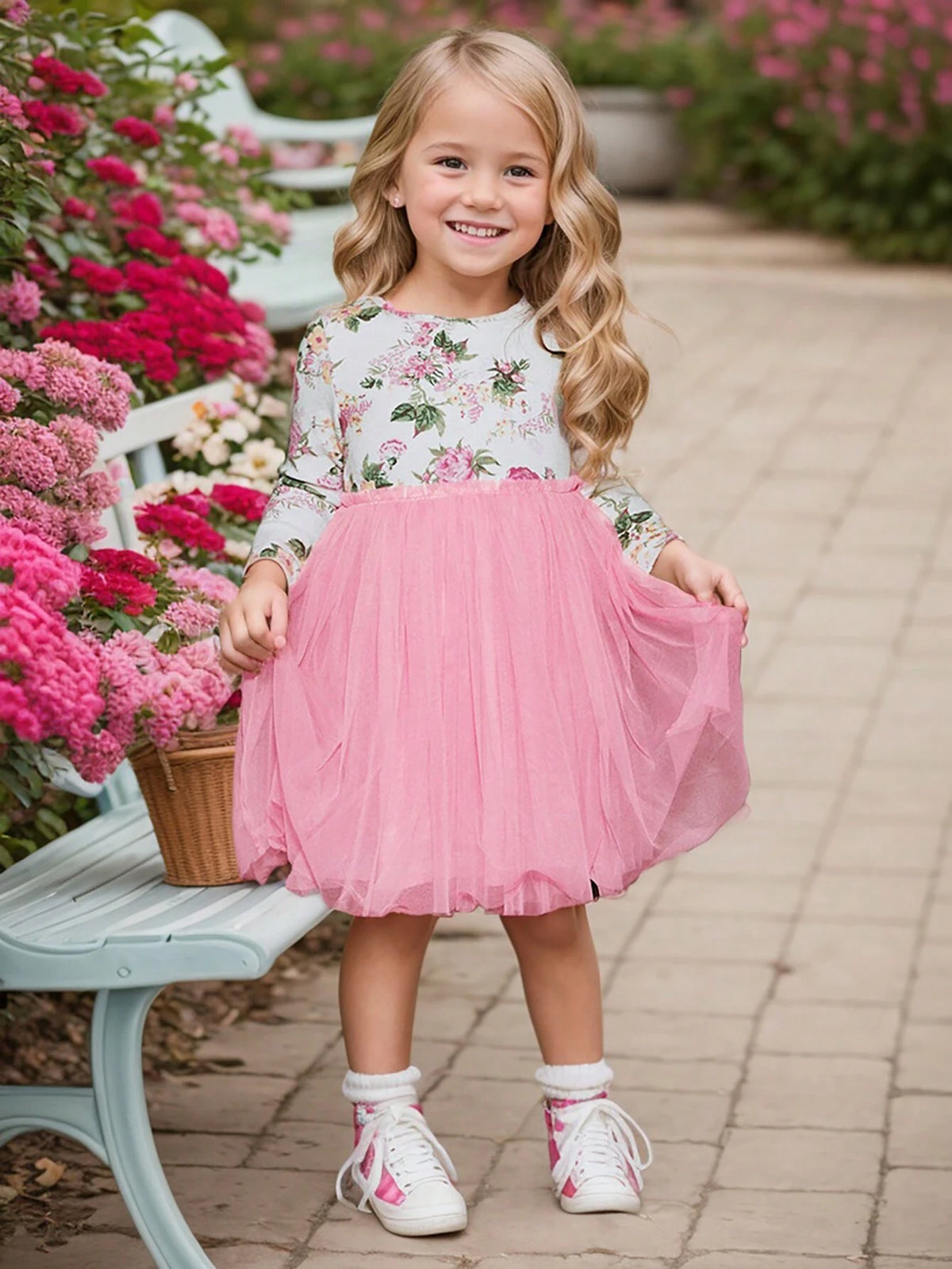 Girls Mesh/Tulle Long Sleeve Dress, Autumn Children Cute Dress
