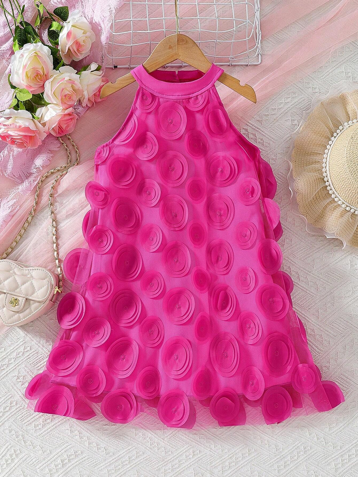 Girls Mesh Floral Decor Halter Loose Casual Dress, Suitable For Outing, Party, Vacation, Summer