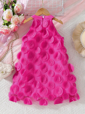 Girls Mesh Floral Decor Halter Loose Casual Dress, Suitable For Outing, Party, Vacation, Summer