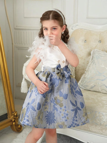 Girls Mid-Eastern Mosque Dress With Feather Flared Sleeves, Floral Jacquard Texture, Elaborate Ruffle Hem Dress
