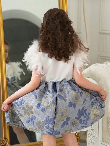 Girls Mid-Eastern Mosque Dress With Feather Flared Sleeves, Floral Jacquard Texture, Elaborate Ruffle Hem Dress