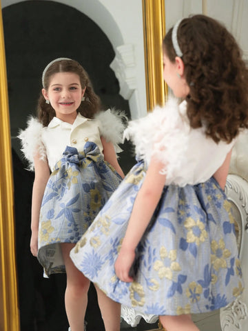 Girls Mid-Eastern Mosque Dress With Feather Flared Sleeves, Floral Jacquard Texture, Elaborate Ruffle Hem Dress