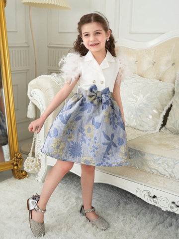 Girls Mid-Eastern Mosque Dress With Feather Flared Sleeves, Floral Jacquard Texture, Elaborate Ruffle Hem Dress