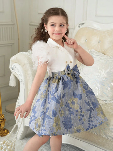 Girls Mid-Eastern Mosque Dress With Feather Flared Sleeves, Floral Jacquard Texture, Elaborate Ruffle Hem Dress