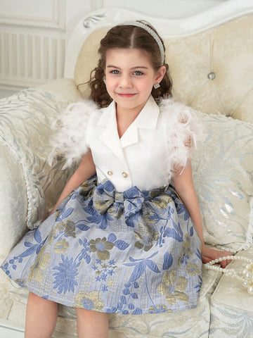 Girls Mid-Eastern Mosque Dress With Feather Flared Sleeves, Floral Jacquard Texture, Elaborate Ruffle Hem Dress