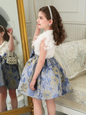 Girls Mid-Eastern Mosque Dress With Feather Flared Sleeves, Floral Jacquard Texture, Elaborate Ruffle Hem Dress