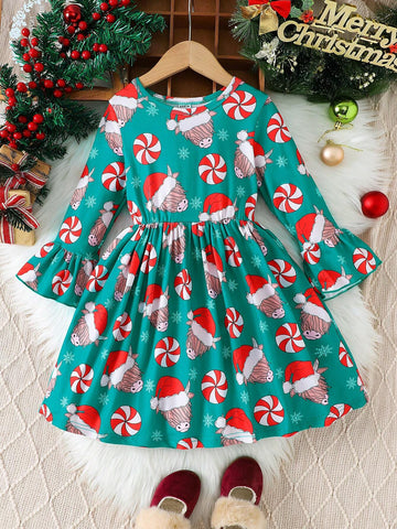 Girls' Mid-Length Christmas Dress With Ox Head, Blessing, Santa Hat & Candy Print, Waist Cinched And Bell Sleeves, Round Neck, Christmas Dress