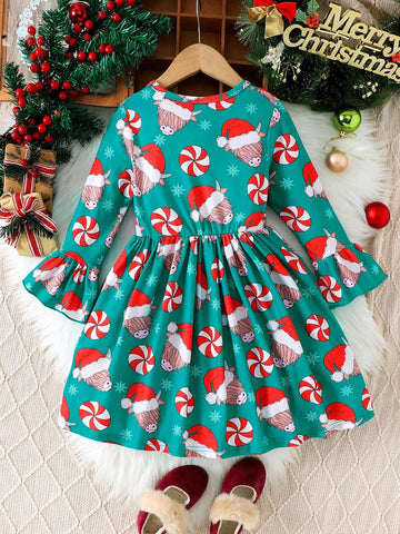 Girls' Mid-Length Christmas Dress With Ox Head, Blessing, Santa Hat & Candy Print, Waist Cinched And Bell Sleeves, Round Neck, Christmas Dress