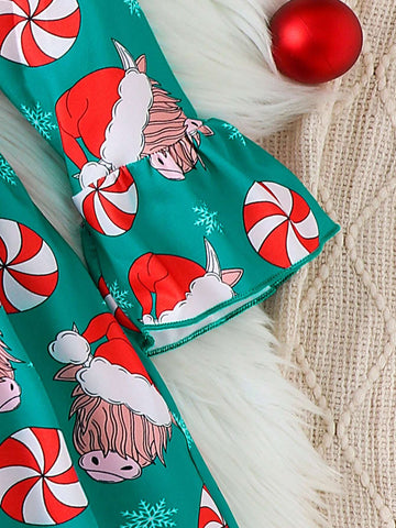 Girls' Mid-Length Christmas Dress With Ox Head, Blessing, Santa Hat & Candy Print, Waist Cinched And Bell Sleeves, Round Neck, Christmas Dress