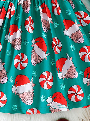Girls' Mid-Length Christmas Dress With Ox Head, Blessing, Santa Hat & Candy Print, Waist Cinched And Bell Sleeves, Round Neck, Christmas Dress