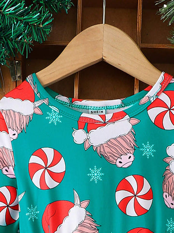 Girls' Mid-Length Christmas Dress With Ox Head, Blessing, Santa Hat & Candy Print, Waist Cinched And Bell Sleeves, Round Neck, Christmas Dress