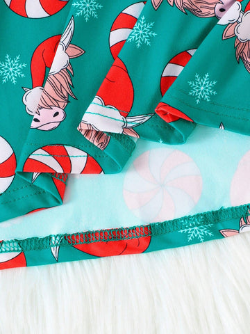Girls' Mid-Length Christmas Dress With Ox Head, Blessing, Santa Hat & Candy Print, Waist Cinched And Bell Sleeves, Round Neck, Christmas Dress