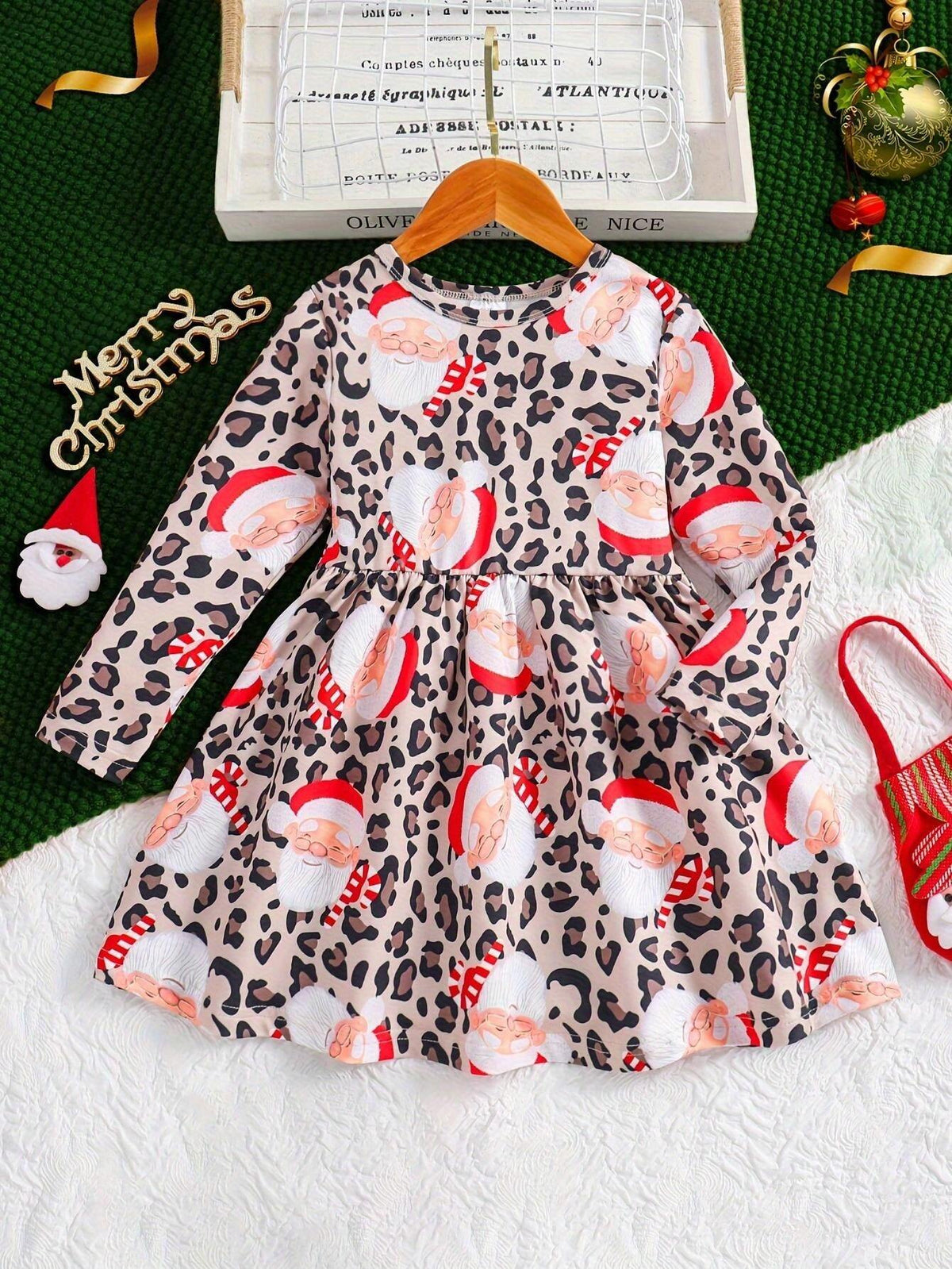 Girls Middle/Small Young Girl Christmas Santa Claus Print Long Sleeve Dress, Round Neck Waisted Cake, Christmas Tree, Leopard Pattern Party Dress, Spring & Autumn