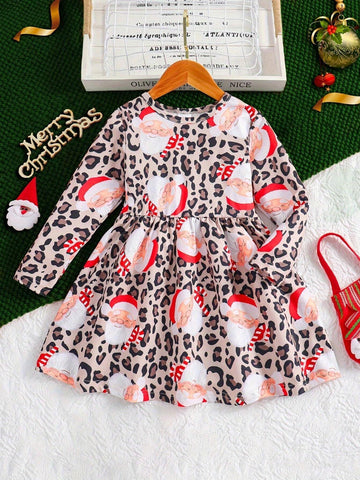 Girls Middle/Small Young Girl Christmas Santa Claus Print Long Sleeve Dress, Round Neck Waisted Cake, Christmas Tree, Leopard Pattern Party Dress, Spring & Autumn