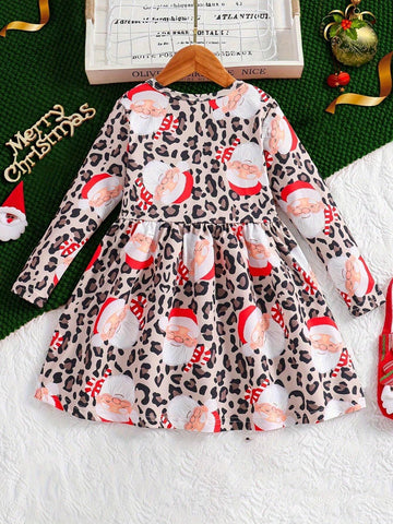 Girls Middle/Small Young Girl Christmas Santa Claus Print Long Sleeve Dress, Round Neck Waisted Cake, Christmas Tree, Leopard Pattern Party Dress, Spring & Autumn