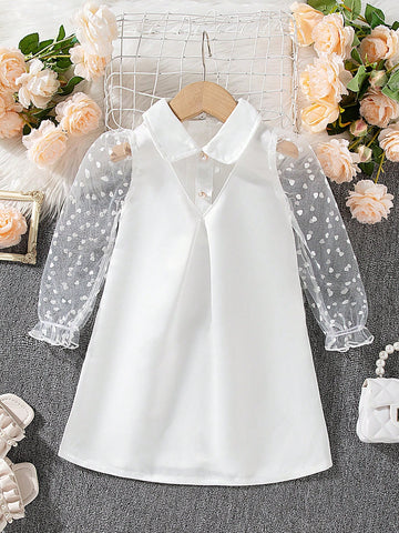 Girls' Mini Bridal Gown Satin High Collar Patchwork Heart Mesh Long Sleeve A-Line Dress, Elegant Princess Style, New Arrival