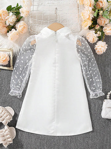Girls' Mini Bridal Gown Satin High Collar Patchwork Heart Mesh Long Sleeve A-Line Dress, Elegant Princess Style, New Arrival