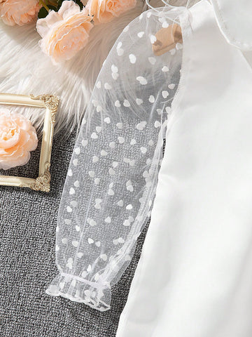 Girls' Mini Bridal Gown Satin High Collar Patchwork Heart Mesh Long Sleeve A-Line Dress, Elegant Princess Style, New Arrival