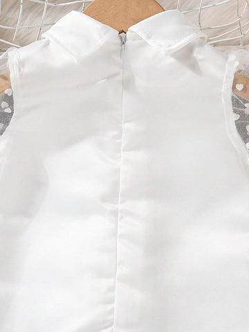 Girls' Mini Bridal Gown Satin High Collar Patchwork Heart Mesh Long Sleeve A-Line Dress, Elegant Princess Style, New Arrival
