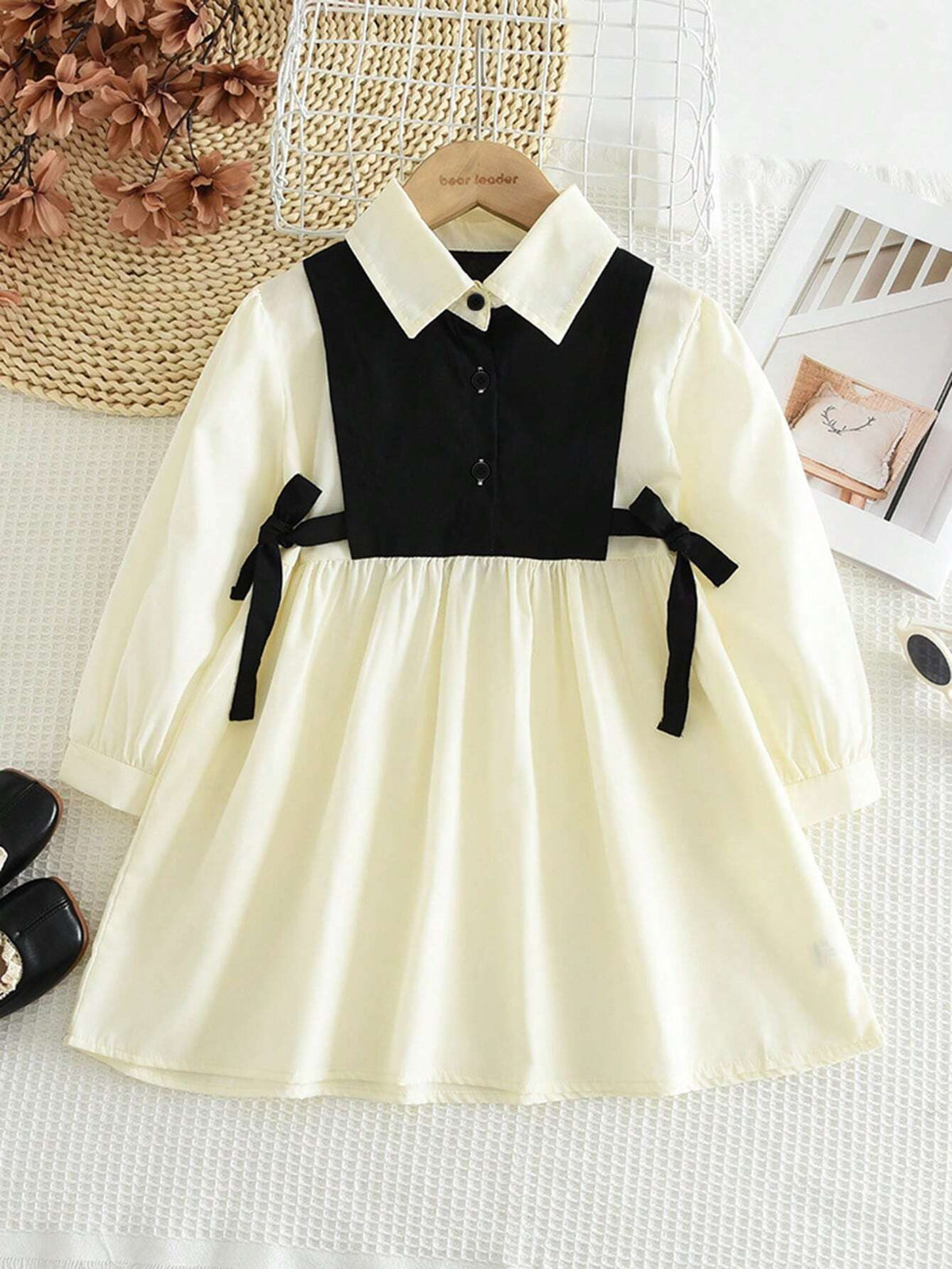 Girls Minimalistic Casual 2 In 1 Spliced Shirt Long Sleeve Dress, Spring And Autumn