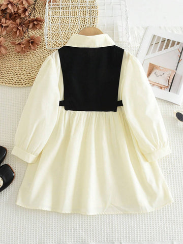 Girls Minimalistic Casual 2 In 1 Spliced Shirt Long Sleeve Dress, Spring And Autumn